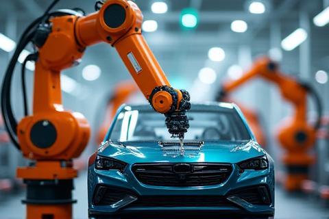 Robotic arms working on an automotive assembly line