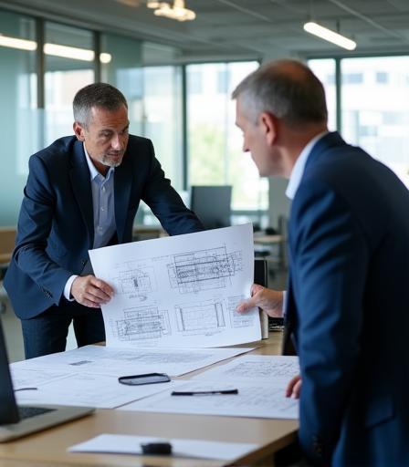 Engineer discussing plans with a client over industrial blueprints in a bright office